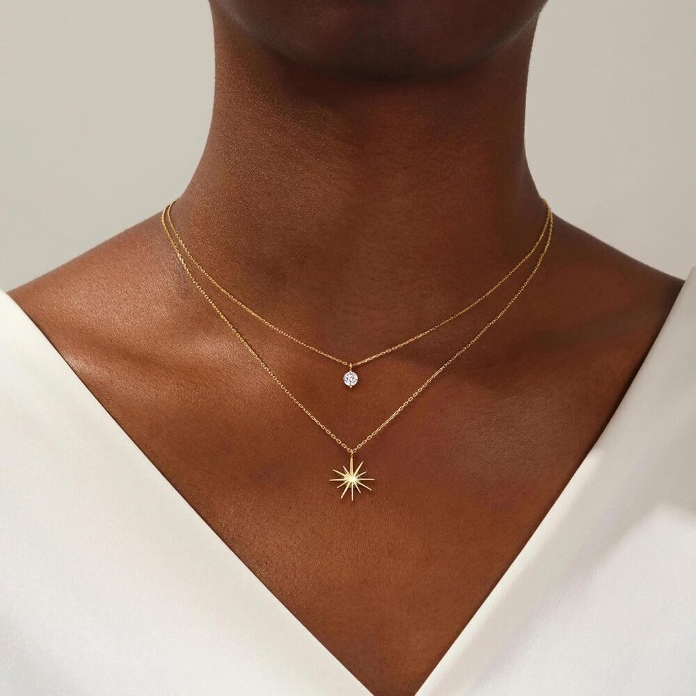 Women's 18 Sun Star CZ 14K Gold Silver Cross Necklace - Non Tarnish Jewelry - Picture 2 of 8